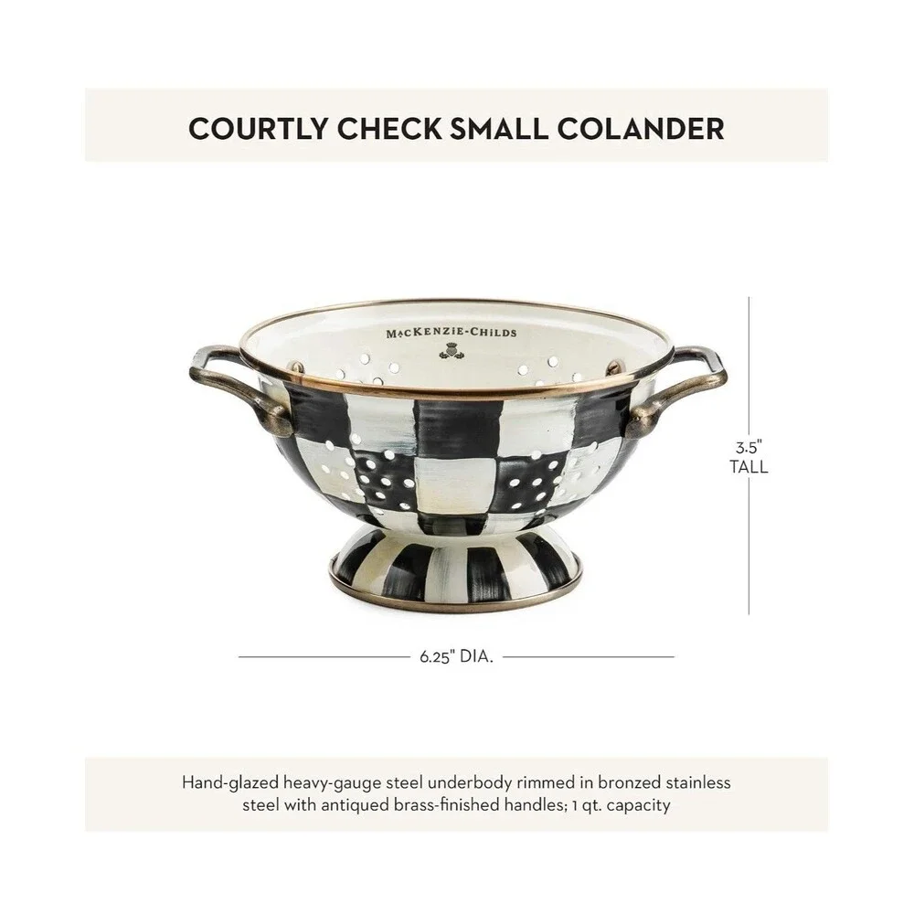 MacKenzie-Childs Courtly Check Small Enamel Colander 6.25” 1 Qt Black White